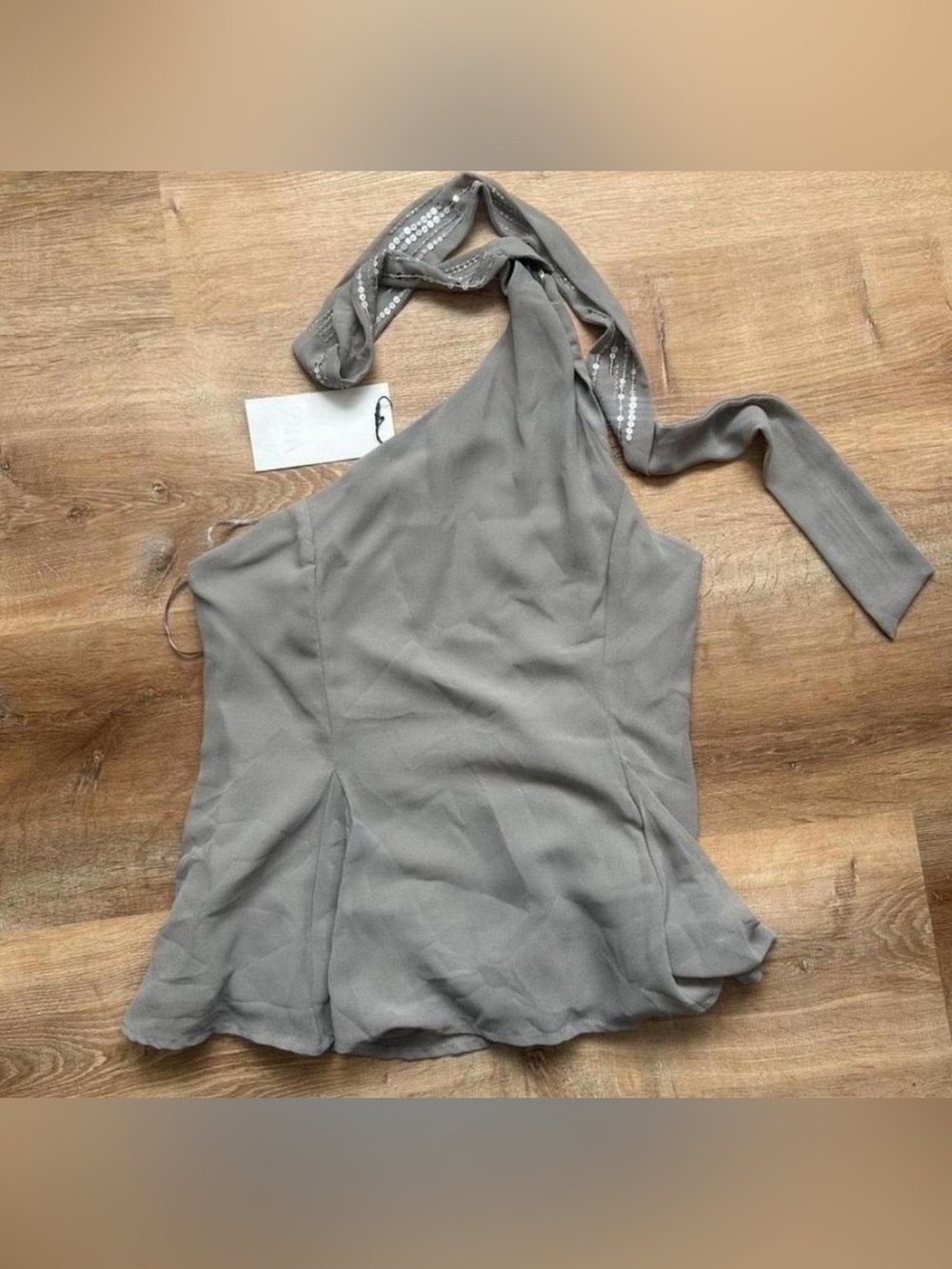 New Zara gray & silver sequin scarf neck top